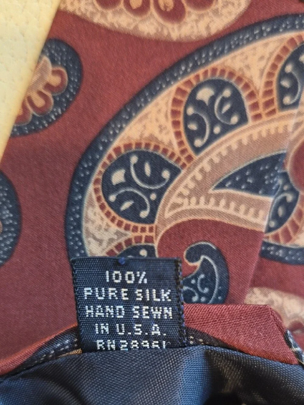 Vintage Burberrys Of London Burgundy Paisley Silk Tie with Navy and Cream Accent